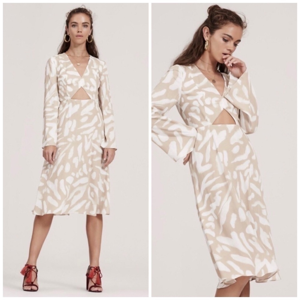 Finders Keepers Mercurial Dress Size Small Midi Cut Out V Neck Cream Casual